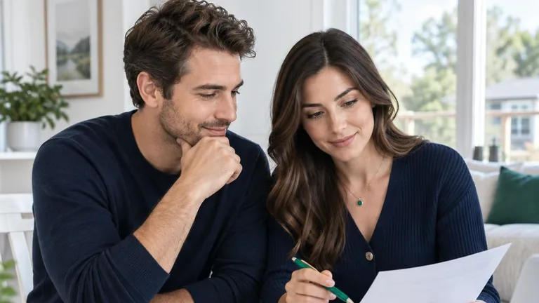 A couple reviewing their financial paperwork together at home