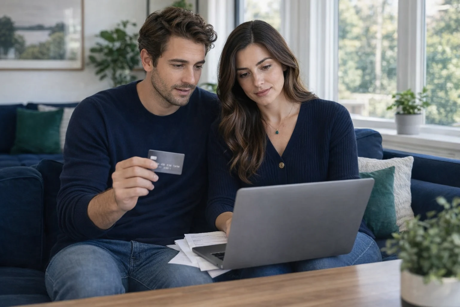 Couple reviewing their finances for the article: Why Does My Credit Report Show a Balance After Paying Off My Credit Card?