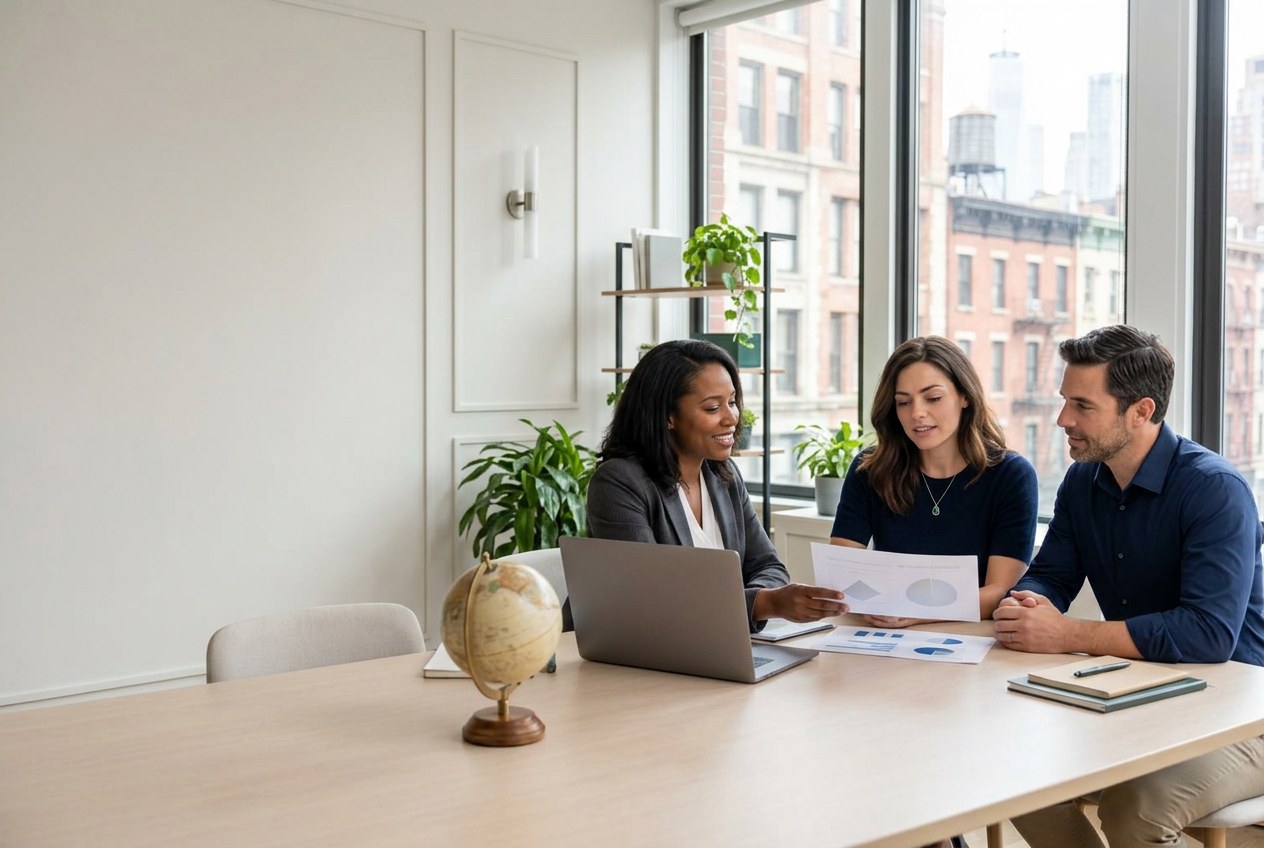 International entrepreneurs planning their business with an adviser in a New York office